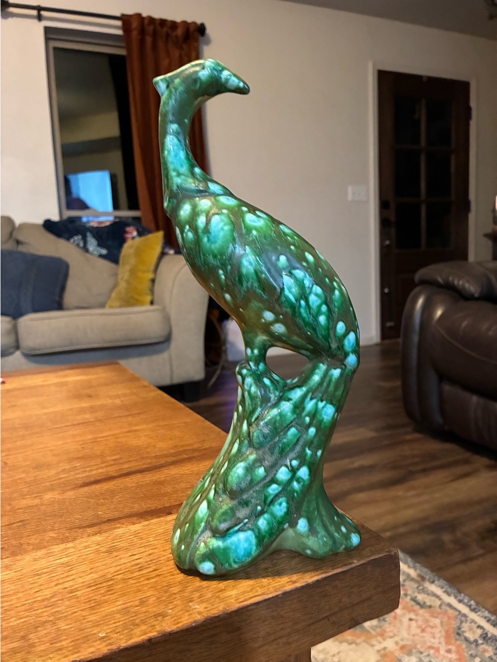 Vintage Green Ceramic Peacock Pair with Turquoise Speckle - Picture 7 of 9